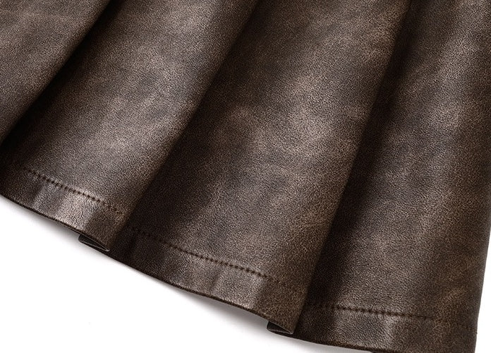 Brown Pleated Leather Mini Skirt