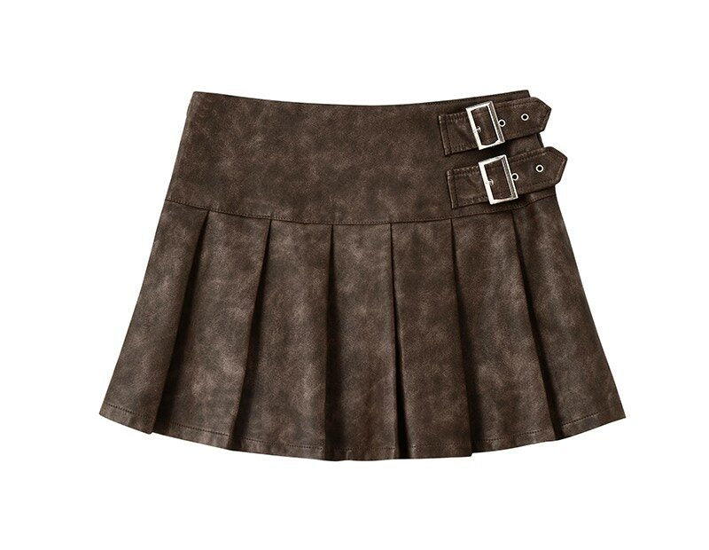 Brown Pleated Leather Mini Skirt