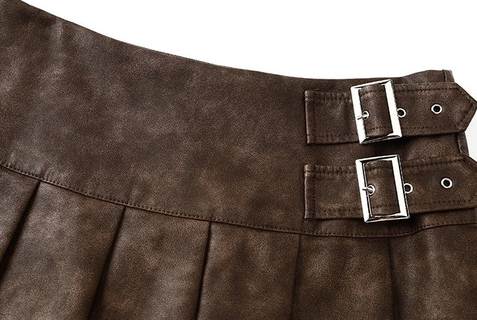Brown Pleated Leather Mini Skirt