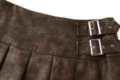 Brown Pleated Leather Mini Skirt