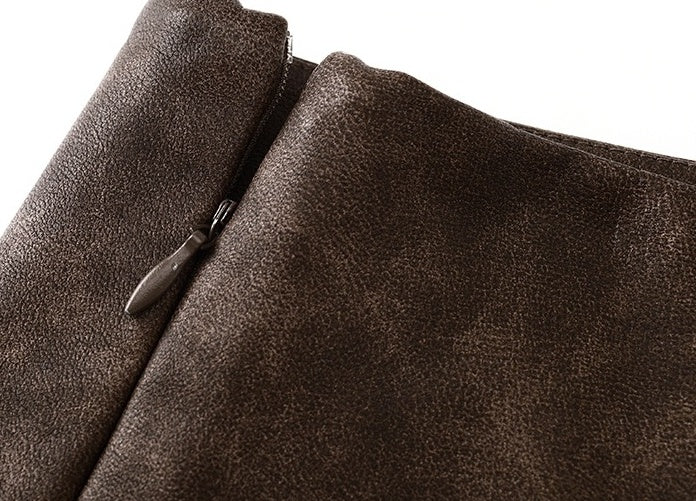 Brown Pleated Leather Mini Skirt