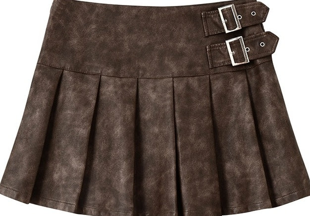 Brown Pleated Leather Mini Skirt