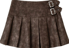Brown Pleated Leather Mini Skirt