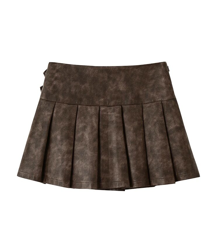 Brown Pleated Leather Mini Skirt