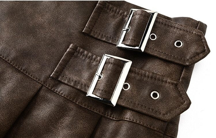 Brown Pleated Leather Mini Skirt