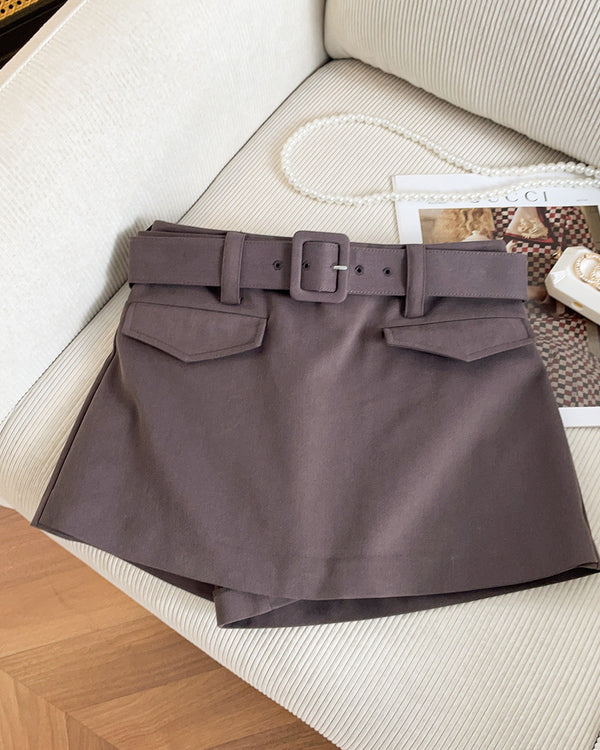 Brown Preppy Belted Mini Skirt