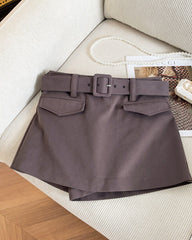 Brown Preppy Belted Mini Skirt