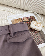 Brown Preppy Belted Mini Skirt