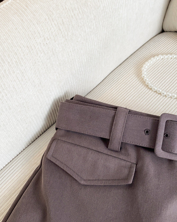 Brown Preppy Belted Mini Skirt