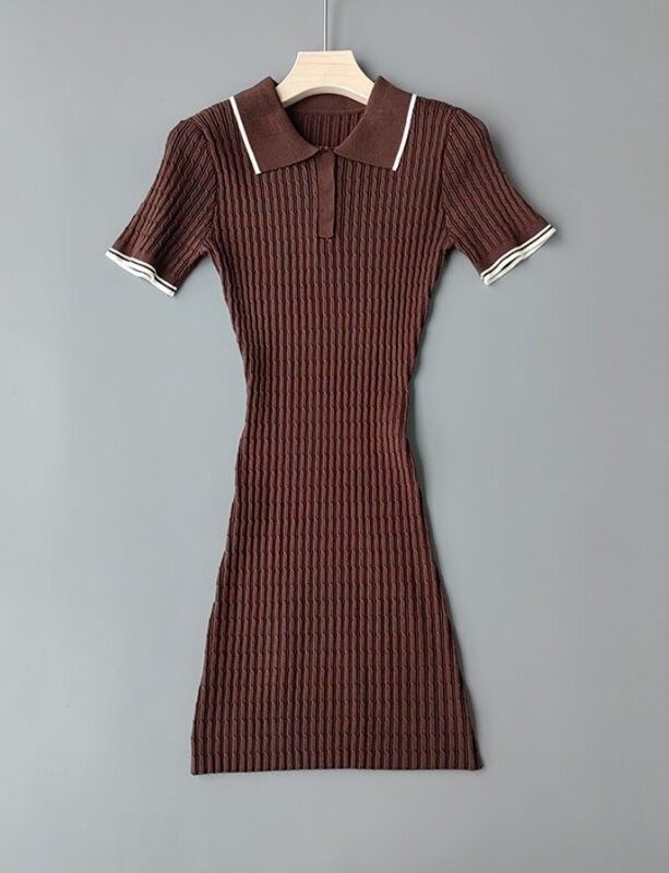 Brown Ribbed Polo Knit Mini Dress