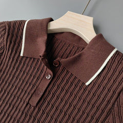 Brown Ribbed Polo Knit Mini Dress