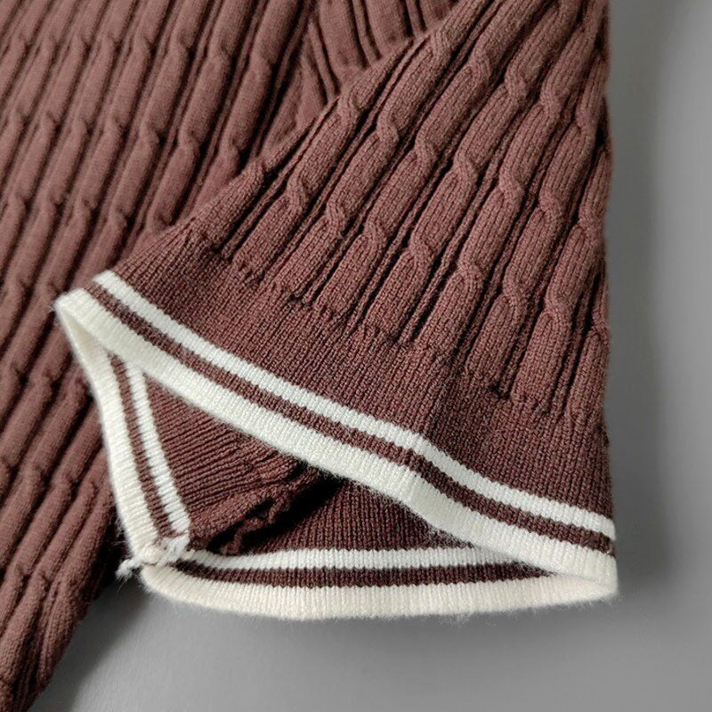 Brown Ribbed Polo Knit Mini Dress