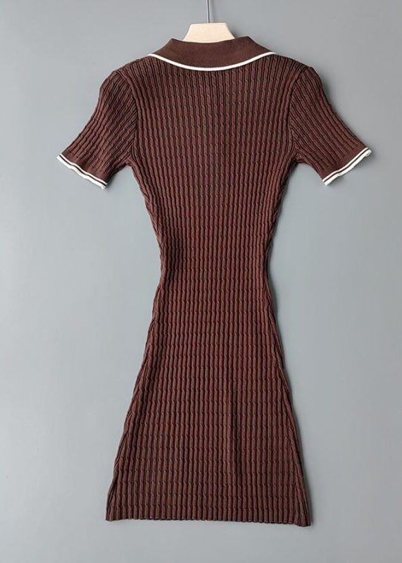 Brown Ribbed Polo Knit Mini Dress