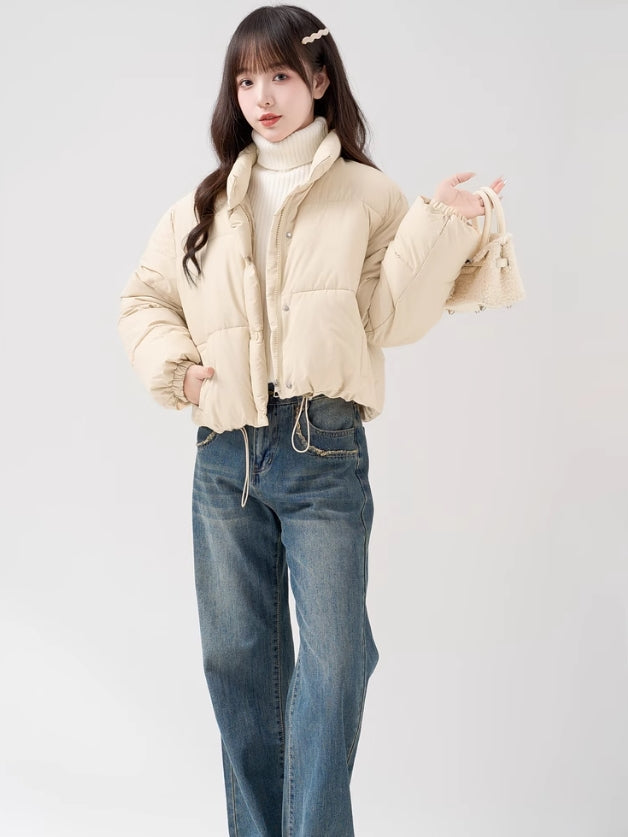 Beige Stand Collar Puffer Jacket