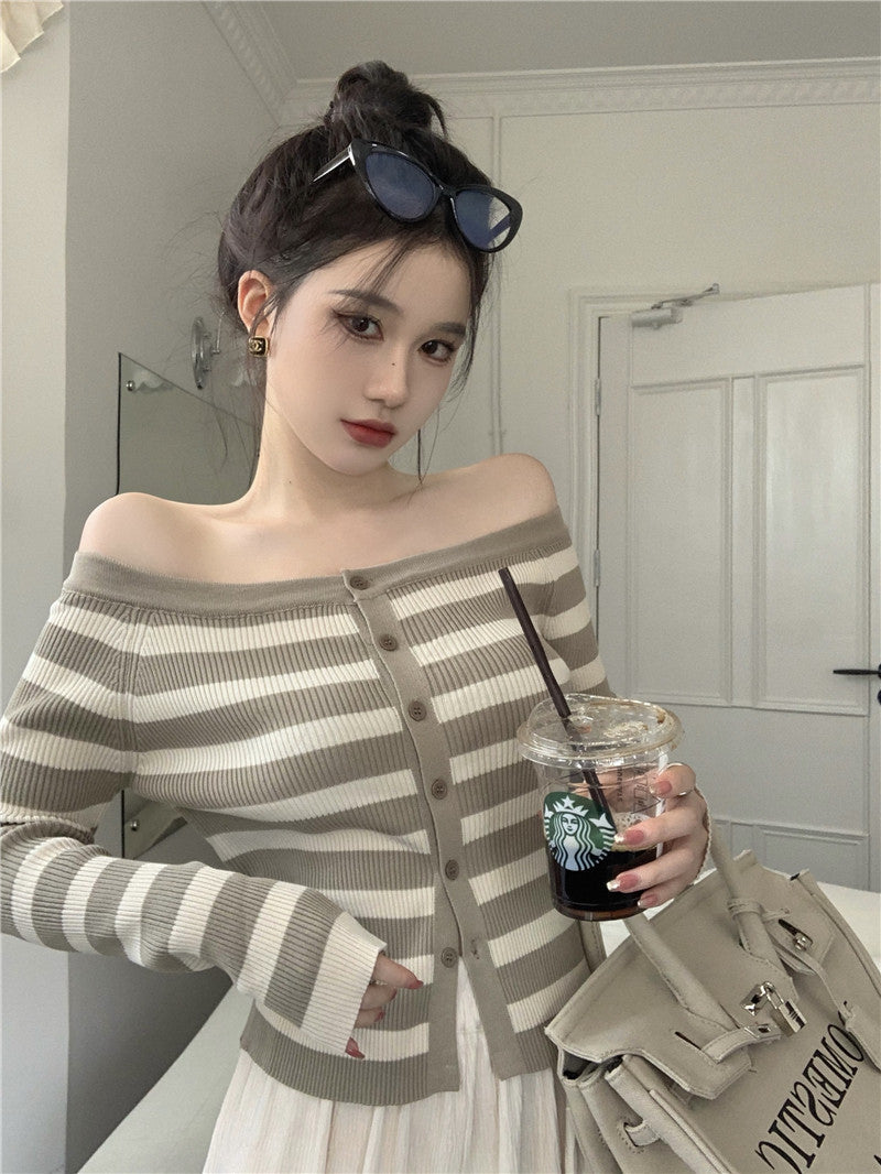 Brown Stripe Off-Shoulder Knit Cardigan
