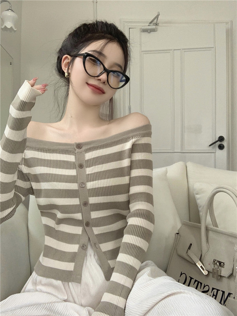 Brown Stripe Off-Shoulder Knit Cardigan