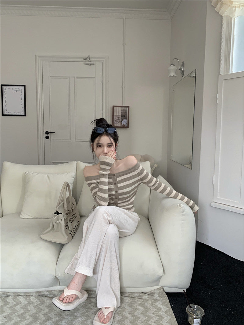 Brown Stripe Off-Shoulder Knit Cardigan