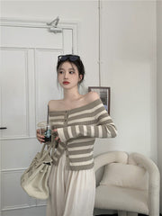 Brown Stripe Off-Shoulder Knit Cardigan