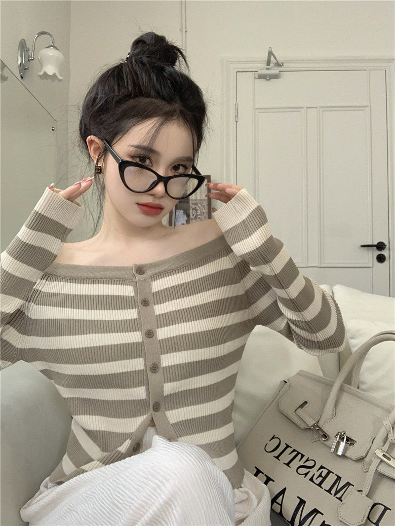Brown Stripe Off-Shoulder Knit Cardigan