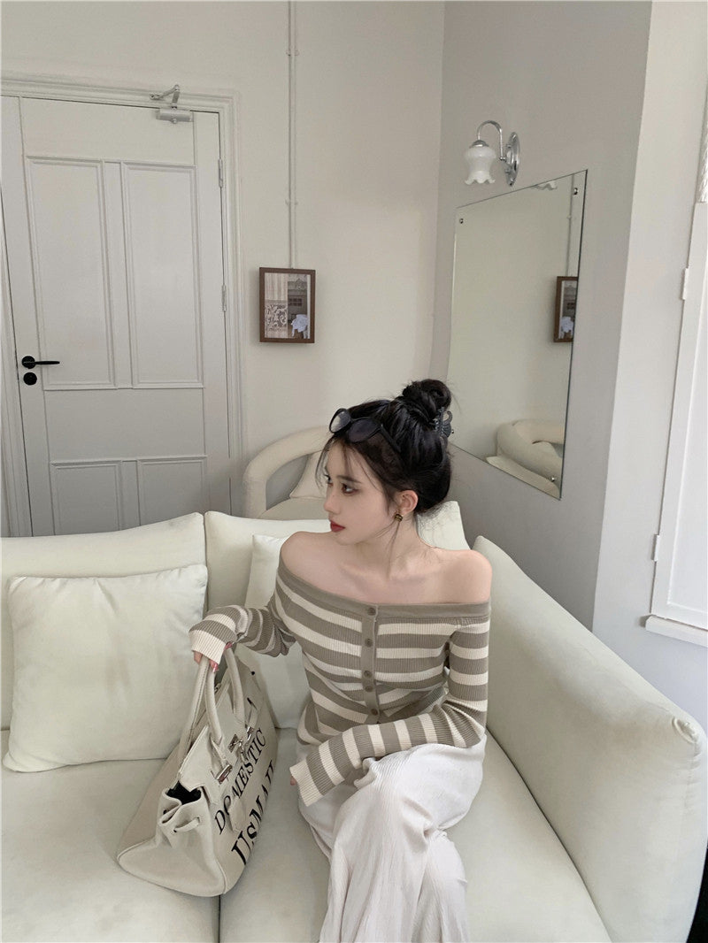 Brown Stripe Off-Shoulder Knit Cardigan