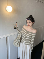 Brown Stripe Off-Shoulder Knit Cardigan