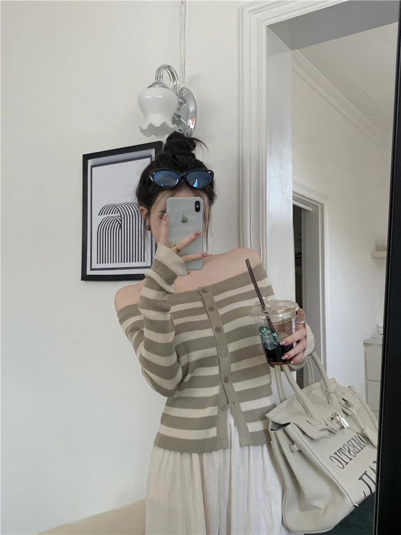 Brown Stripe Off-Shoulder Knit Cardigan