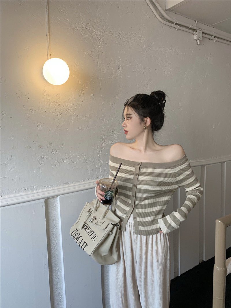 Brown Stripe Off-Shoulder Knit Cardigan