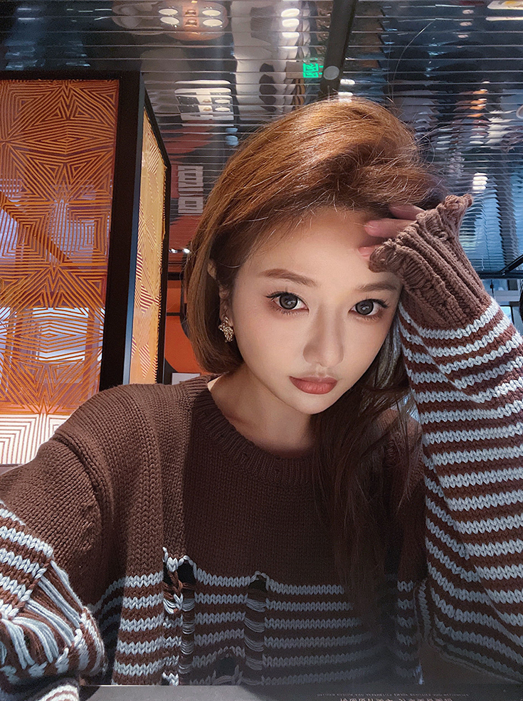 Brown Striped Distressed Sweater