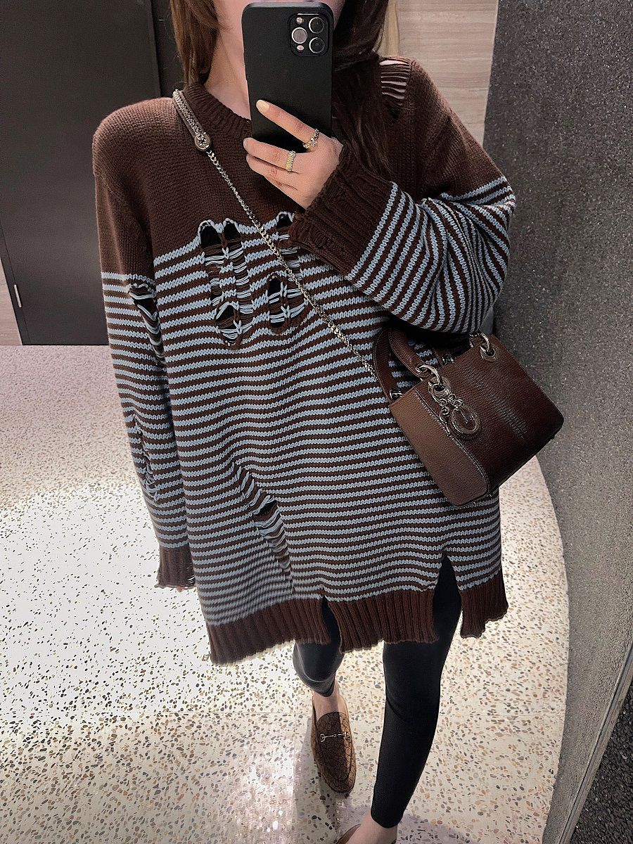 Brown Striped Distressed Sweater