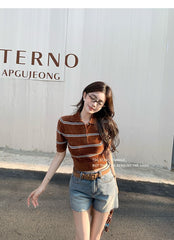 Brown Striped Knit Polo Shirt