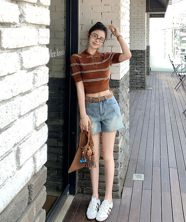 Brown Striped Knit Polo Shirt