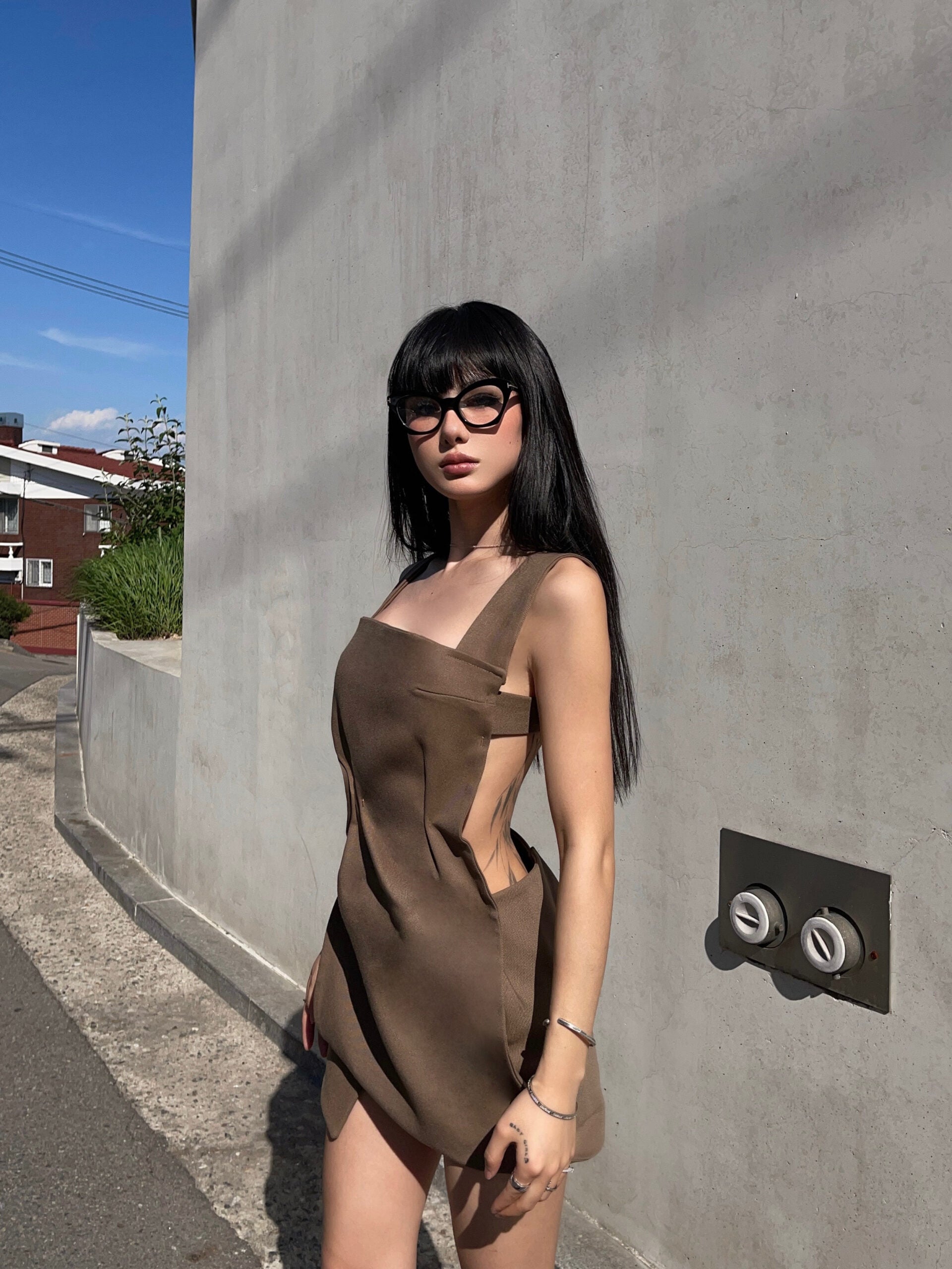 Brown Structured Square Neck Mini Dress