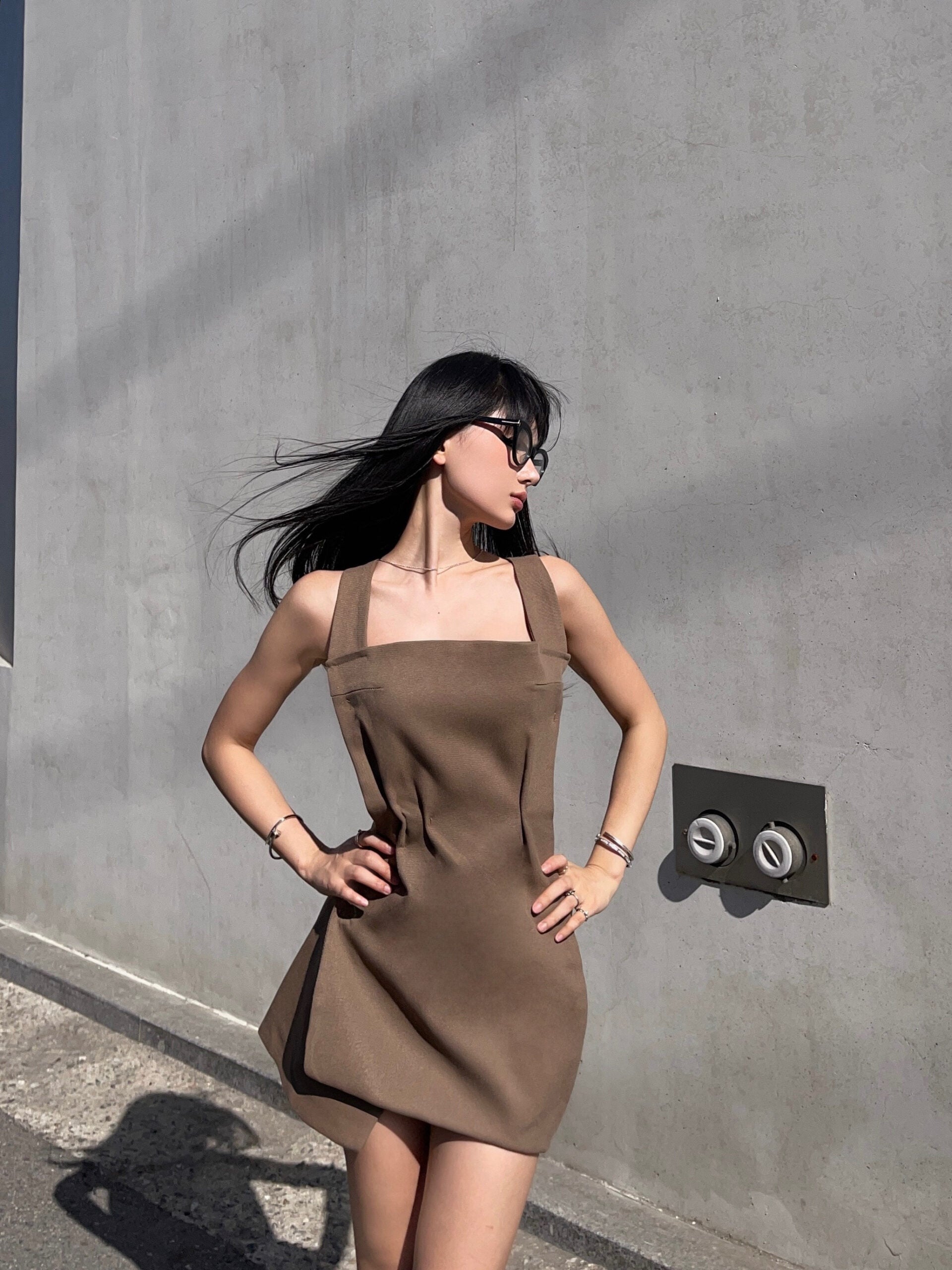 Brown Structured Square Neck Mini Dress