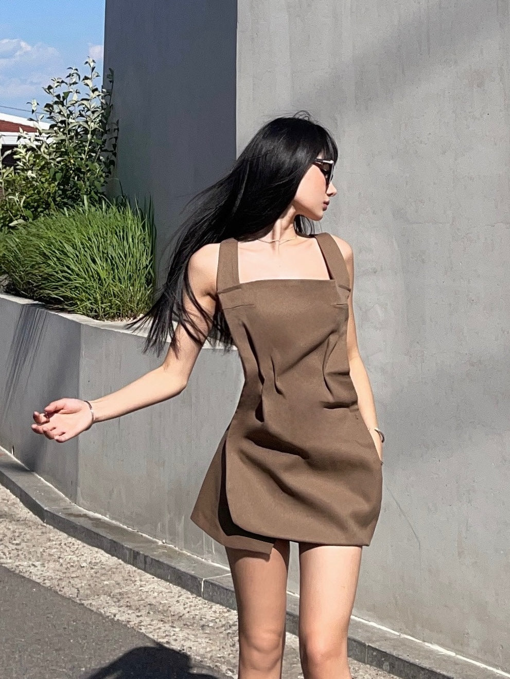 Brown Structured Square Neck Mini Dress