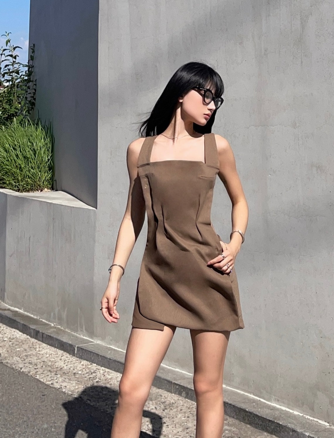 Brown Structured Square Neck Mini Dress