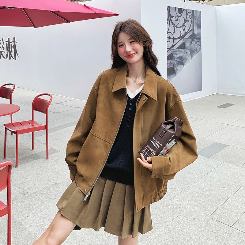 Brown Suede Collared Oversize Jacket