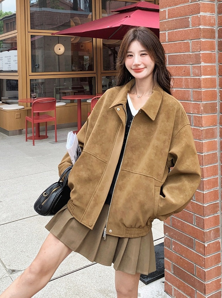 Brown Suede Collared Oversize Jacket
