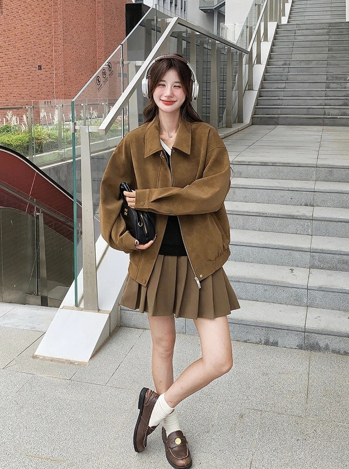 Brown Suede Collared Oversize Jacket