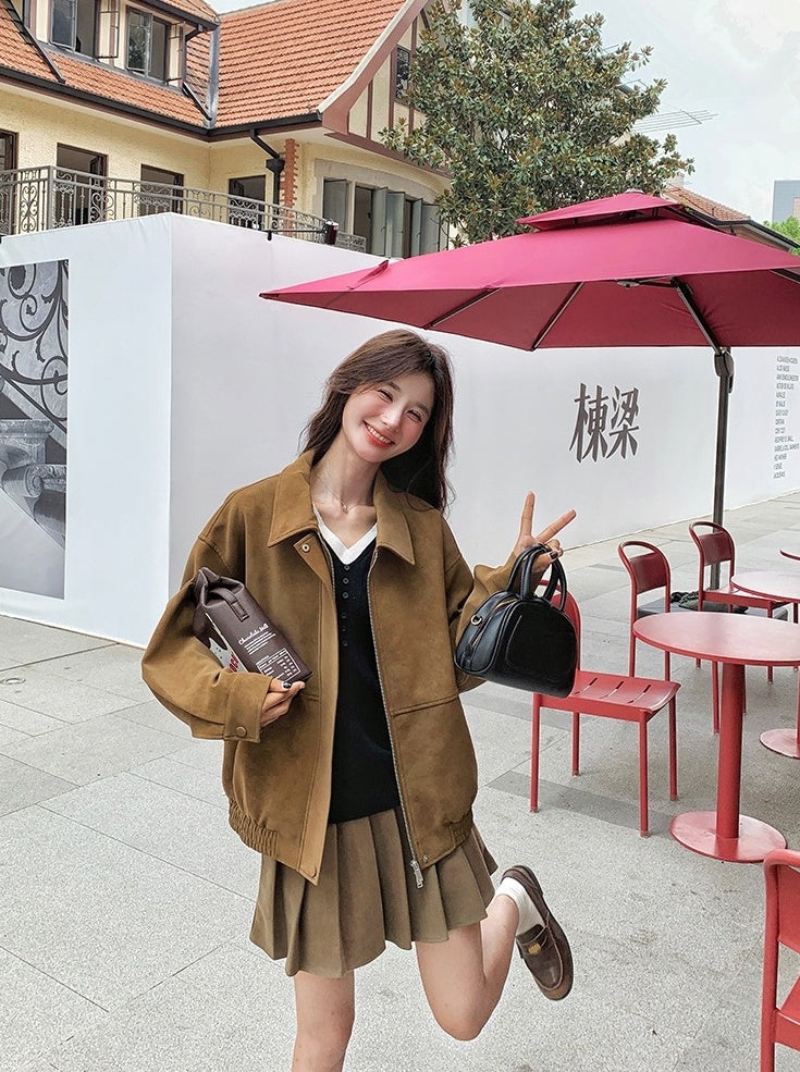 Brown Suede Collared Oversize Jacket
