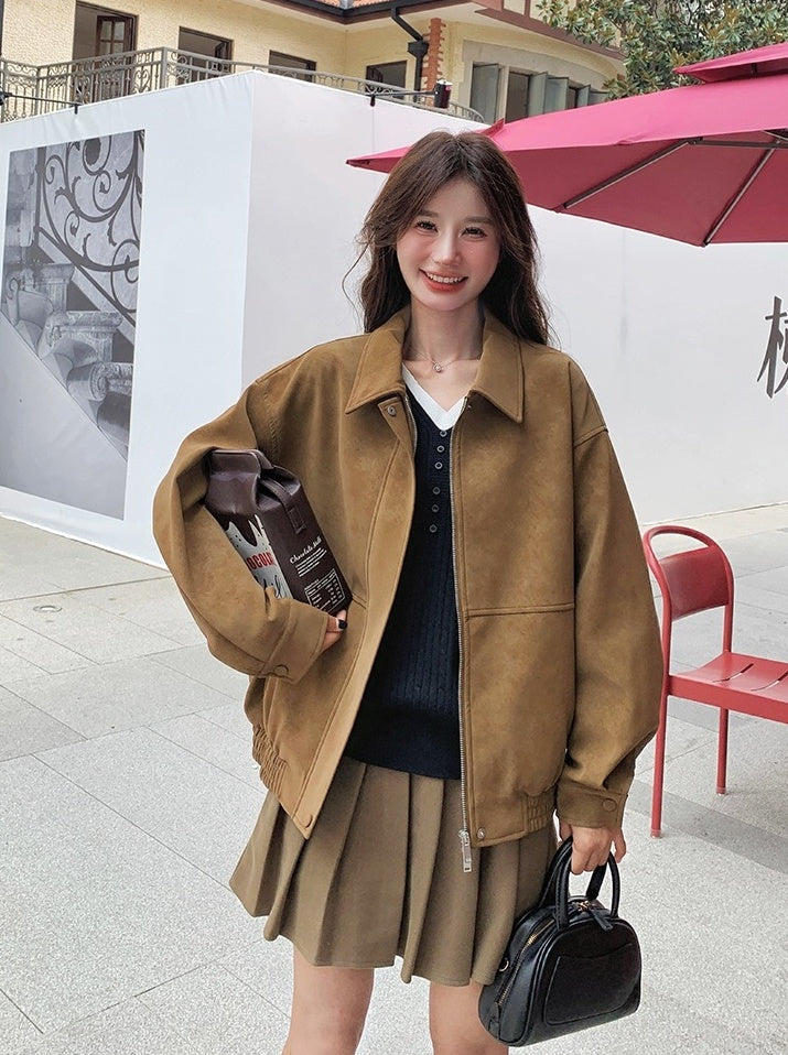 Brown Suede Collared Oversize Jacket