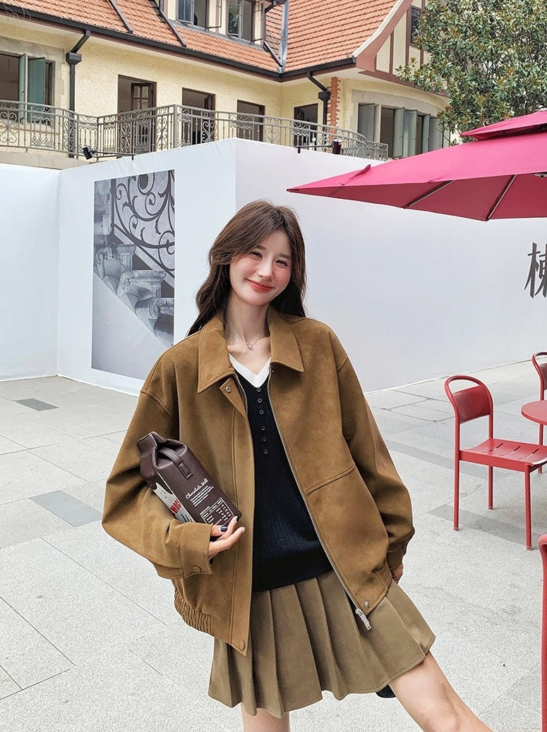 Brown Suede Collared Oversize Jacket