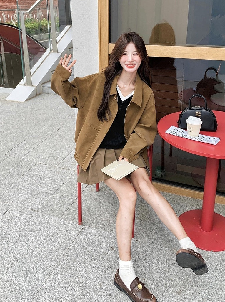 Brown Suede Collared Oversize Jacket