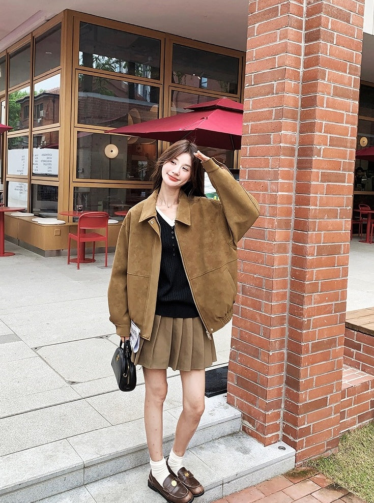 Brown Suede Collared Oversize Jacket