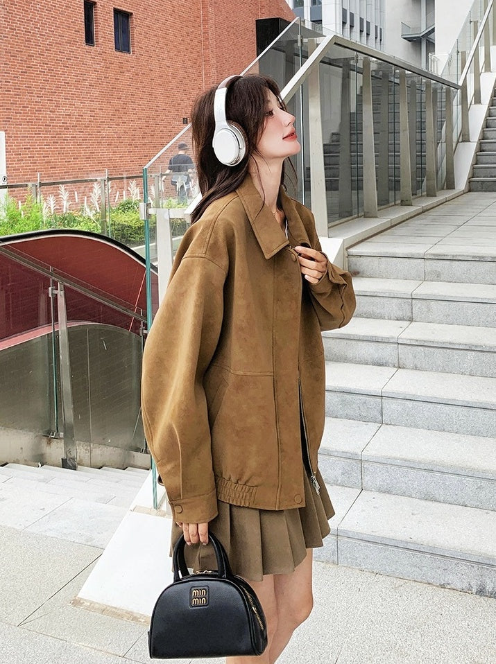 Brown Suede Collared Oversize Jacket