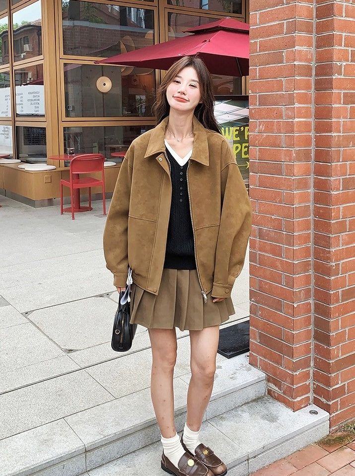 Brown Suede Collared Oversize Jacket