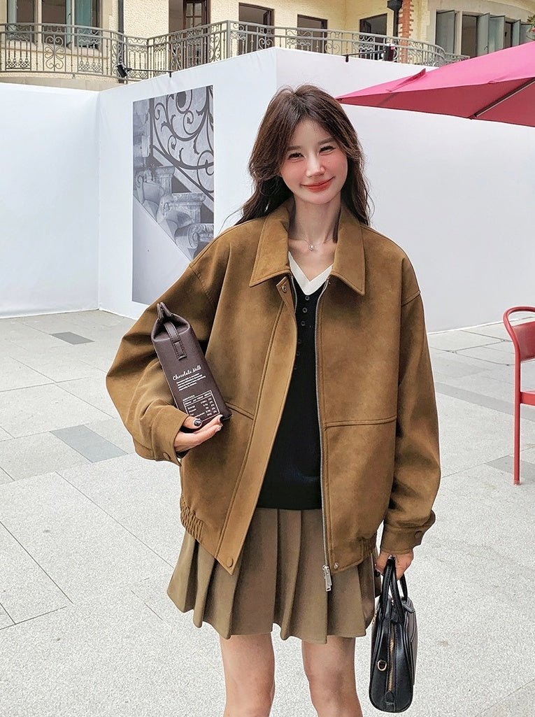 Brown Suede Collared Oversize Jacket