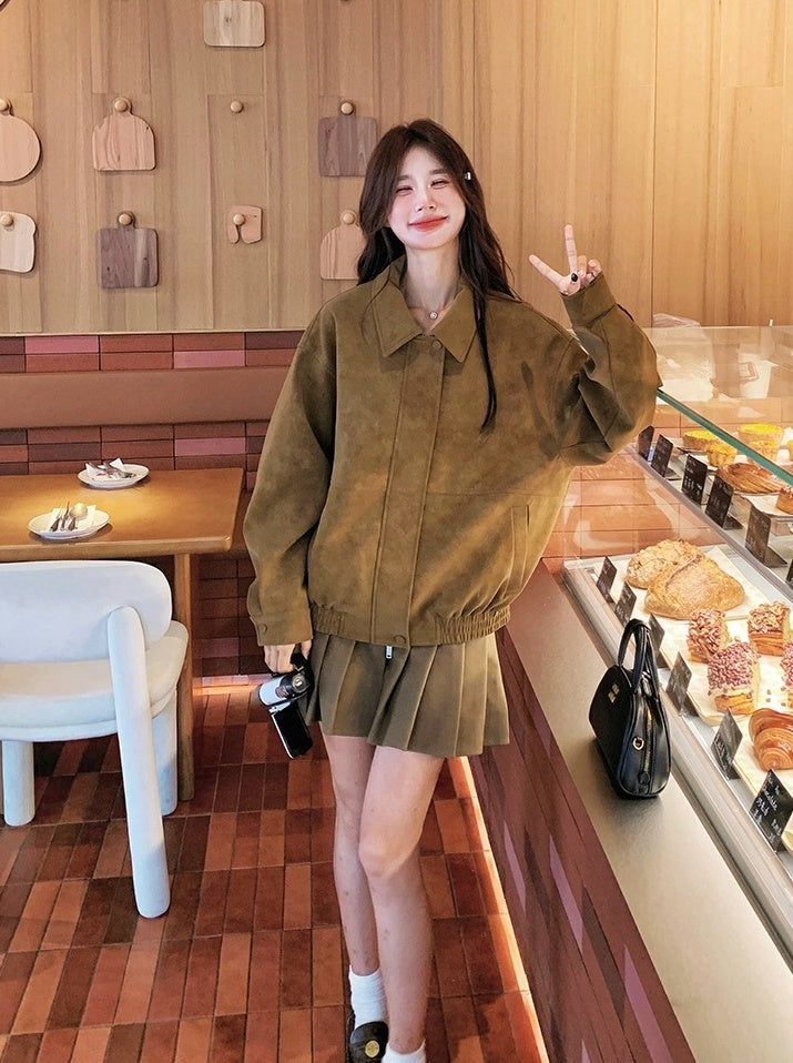 Brown Suede Collared Oversize Jacket