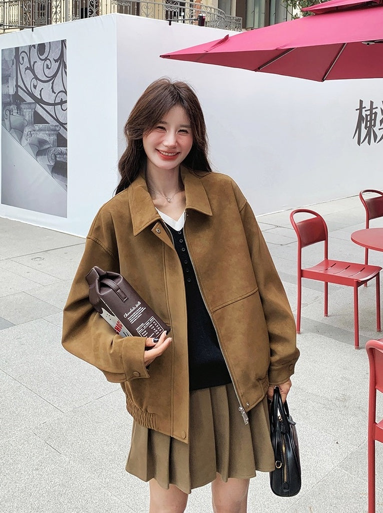 Brown Suede Collared Oversize Jacket