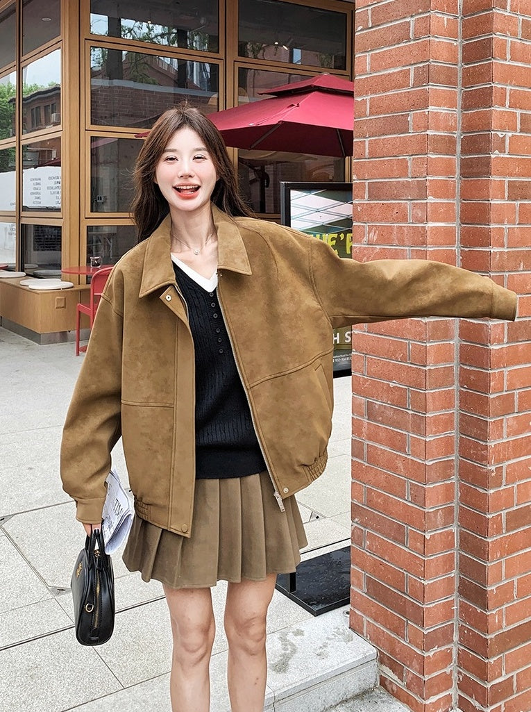 Brown Suede Collared Oversize Jacket