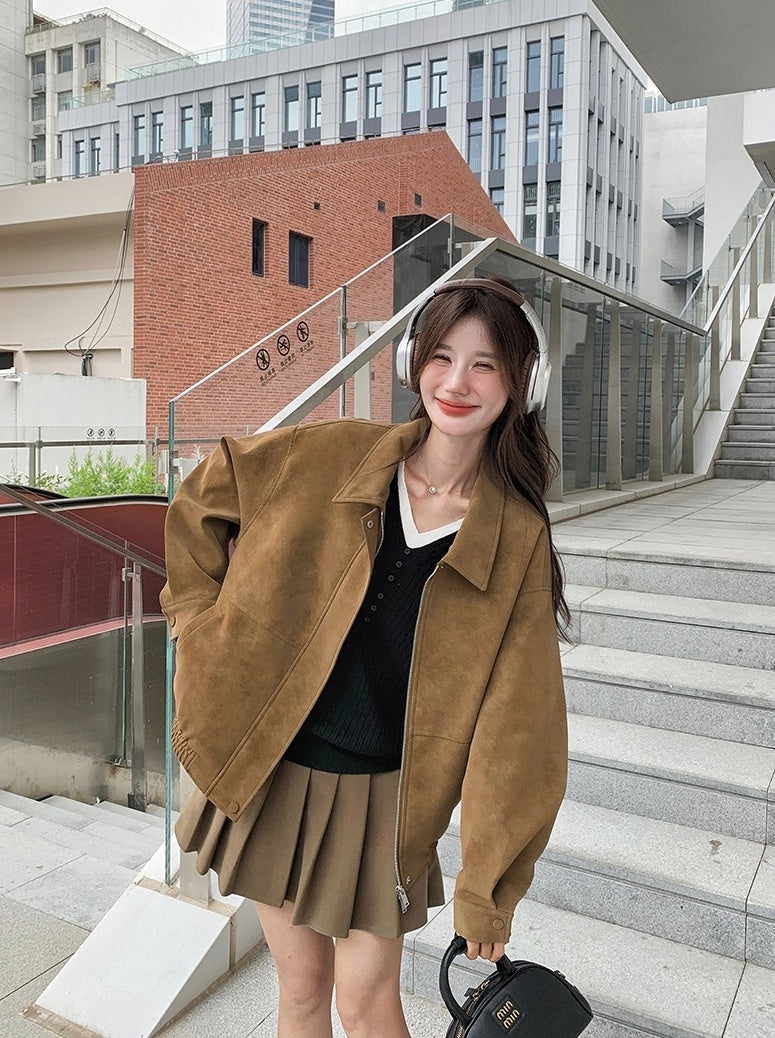 Brown Suede Collared Oversize Jacket